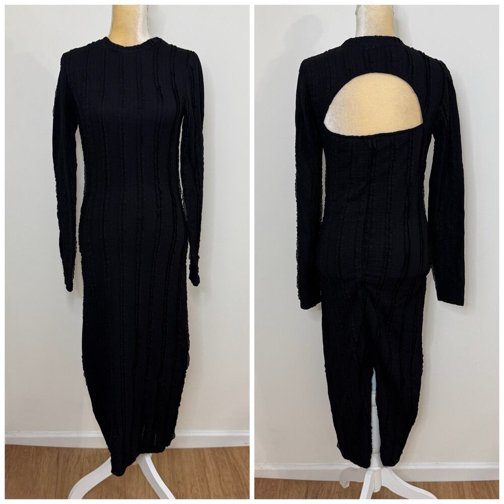ICHI Ruffle Long Sleeve Midi Sheath Dress Size S Black Lined Open Back
